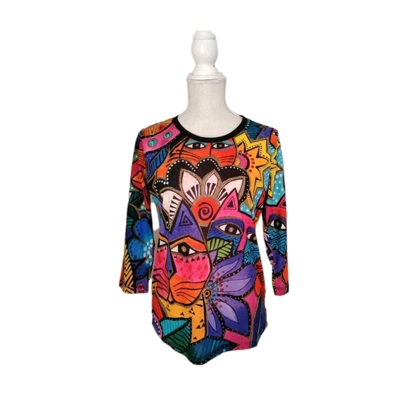 Laurel Burch Tops - Laurel Burch Laurels Garden Cats Pullover Top 3/4 Sleeve M RETIRED